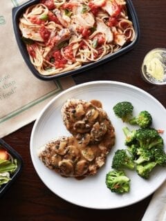 A delicious plate of pasta, broccoli, and meat from Carrabba's that is perfect for those following the Weight Watchers program.