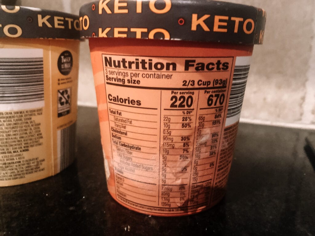 KETO ice cream nutrition label