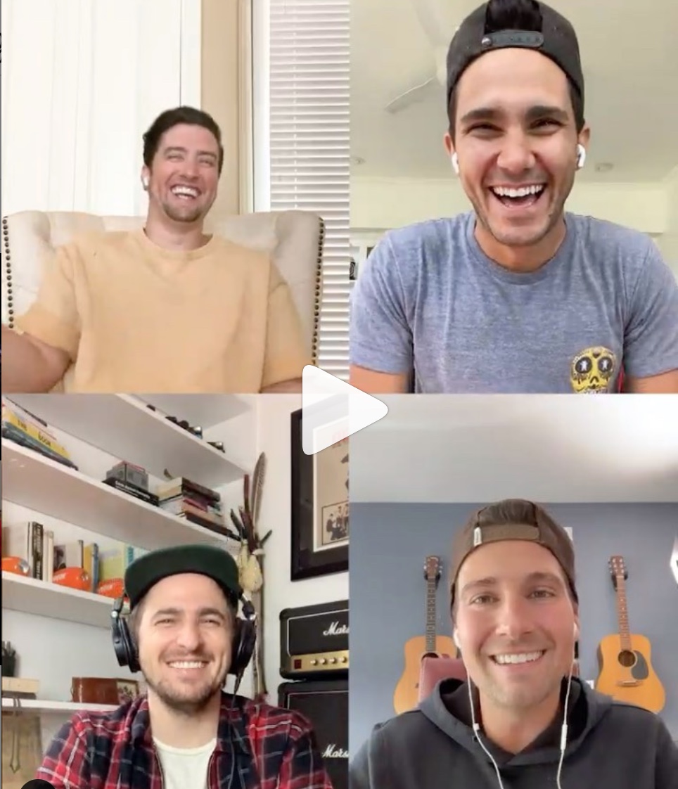 A group of Big Time Rush members are smiling in a video chat.