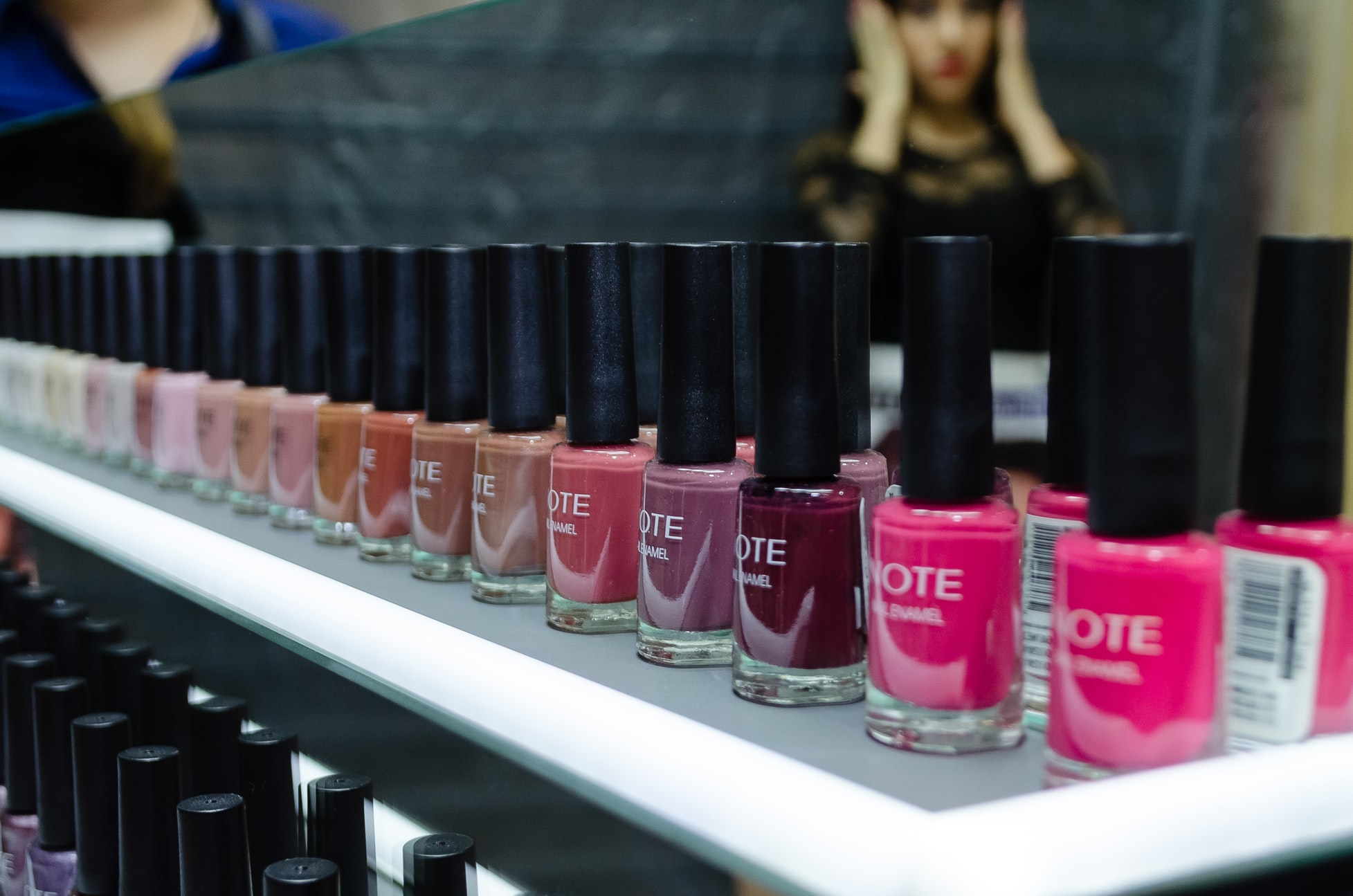 A shelf showcasing favorite essie nail polish colors.