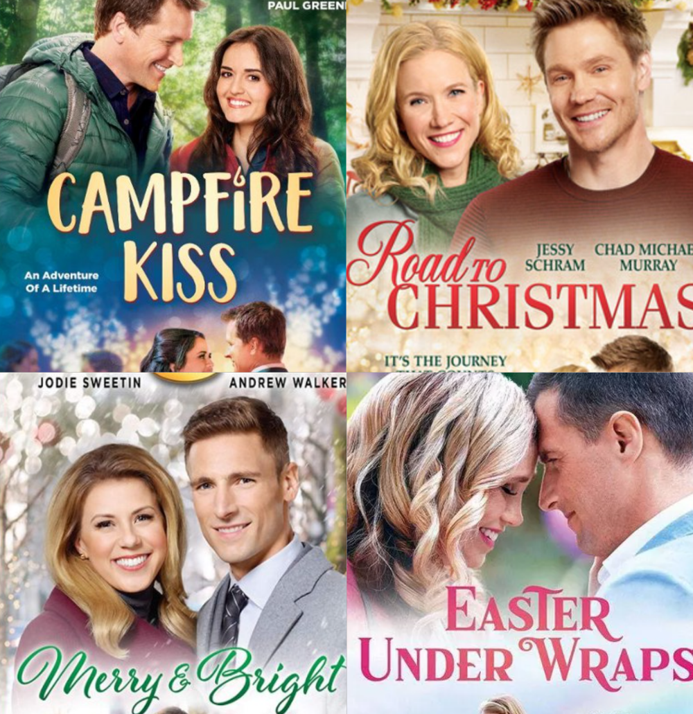 A collection of Christmas books featuring a man and a woman, inspired by the talent of hallmark actors.