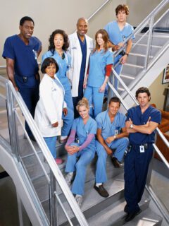 The cast of Grey's Anatomy posing.