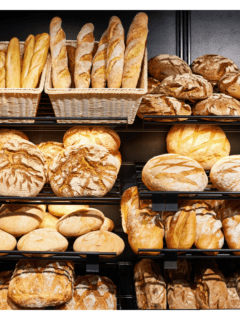 A display of breads on a Panera shelf.