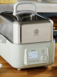The best all-in-one steamer for cooking at home, placed on a table with bowls of food.