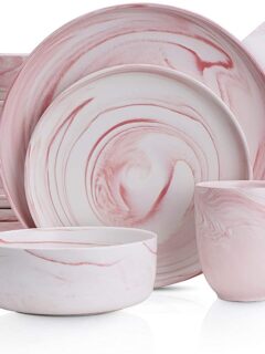 Pink and white marble dinnerware set.