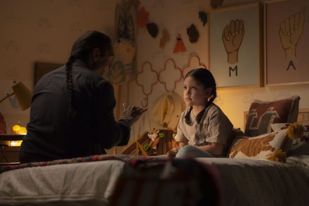 Zahn McClarnon as William Lopez and young Maya Lopez in Marvel Studios' HAWKEYE.