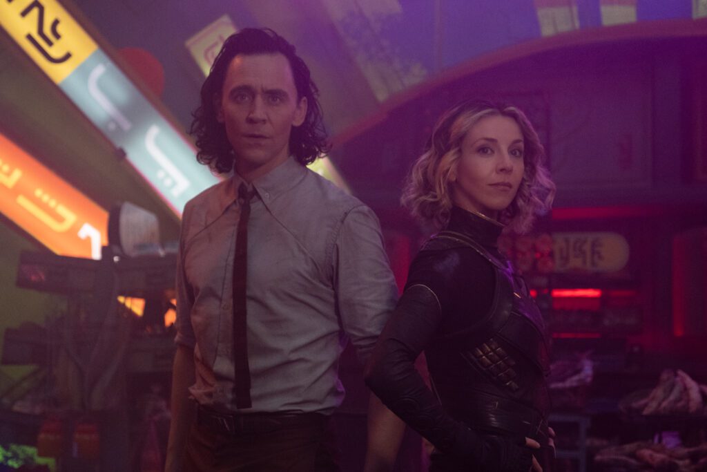 Loki (Tom Hiddleston) and Sophia Di Martino in Marvel Studios' LOKI.