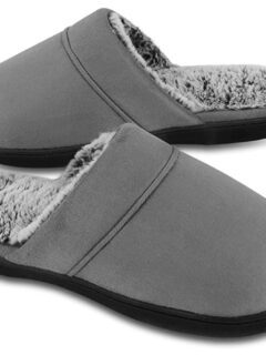 A pair of grey slippers with fur lining, perfect for college guys.