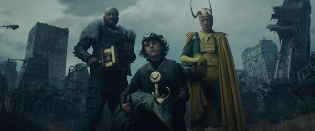 Boastful Loki (DeObia Oparei), Kid Loki (Jack Veal), Alligator Loki and Classic Loki (Richard E. Grant) in Marvel Studios' LOKI.