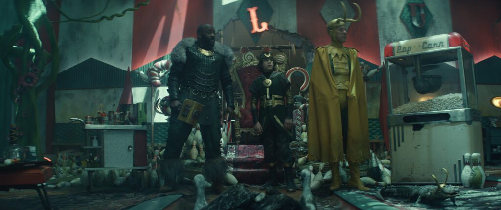 Boastful Loki (DeObia Oparei), Kid Loki (Jack Veal), Classic Loki (Richard E. Grant) and Alligator Loki in Marvel Studios' LOKI.