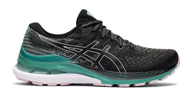 The Asics Gel-Kayano 28. The mesh upper of the shoe is black, while the heel is blue coupled with a blue and white sole. 