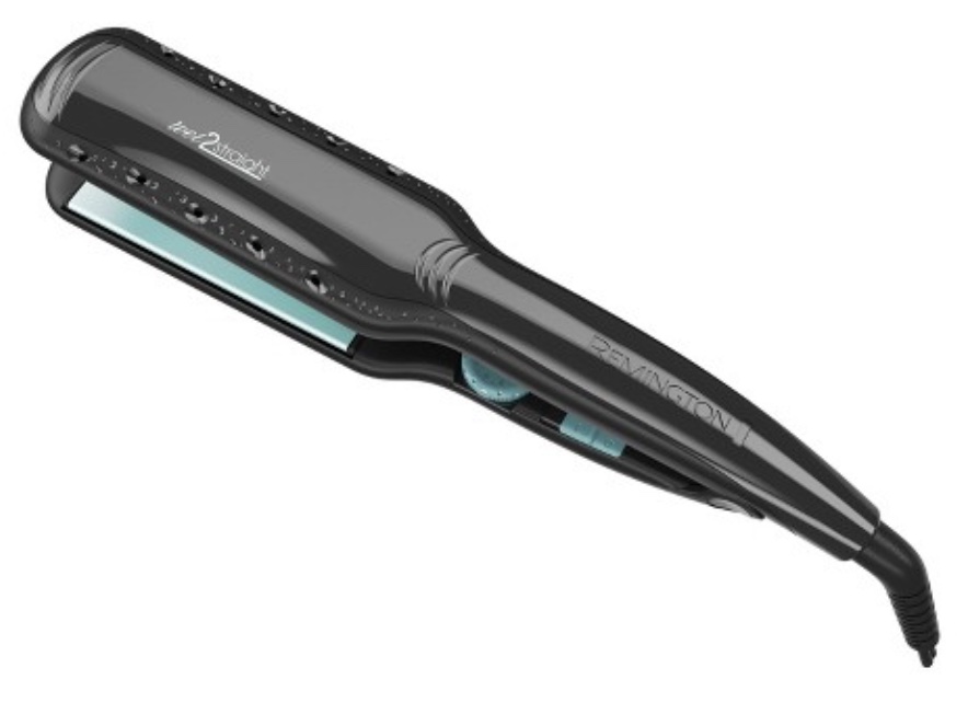 The wet-2-straight iron is black with blue accents. Steam vents are present along the top of the flat iron. There is temperature dial located on the inside along with on and off buttons. 