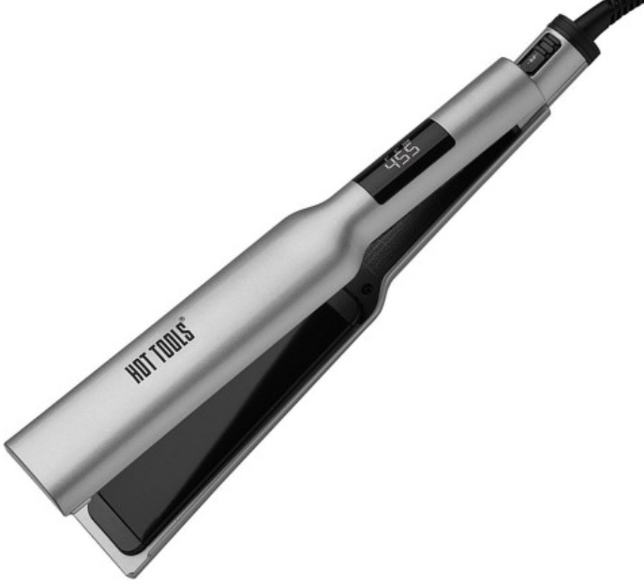 This Hot Tools flat iron has a sleek design. It has a rounded figure, and a flush LED display screen on top. 