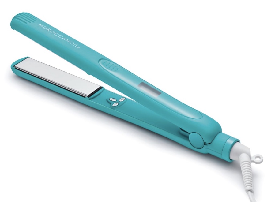 Morraconoil's flat iron is a slim and sleek shape. It is a light shade of blue, with a white swivel cord. There is a soft thumb grip located on top, with a small digital screen. The heat controls and power button are located on the inside.