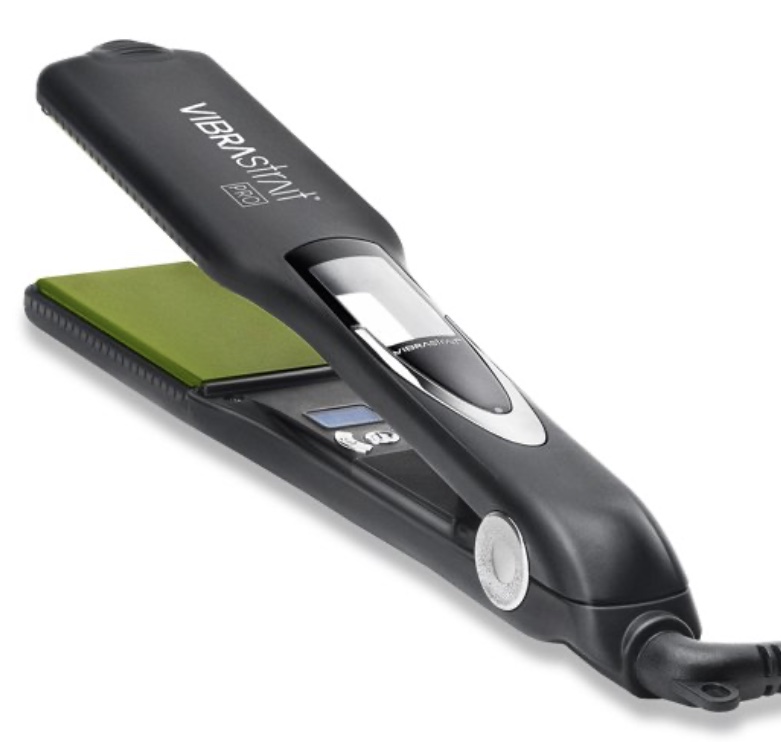 Vibrastraight pro is a wider flat iron with grey accents on the top digital screen and side. The pro version has a digital screen on top and inside. The controls are located under the screen on the inside. 