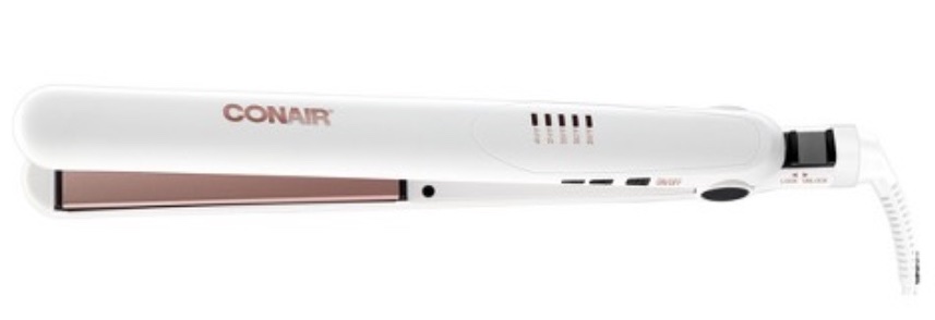 Conair's Double Ceramic is a white flat iron with rose gold accents. It has a slim and long form. There are 5 heat settings shown on top, and button controls on the side.
