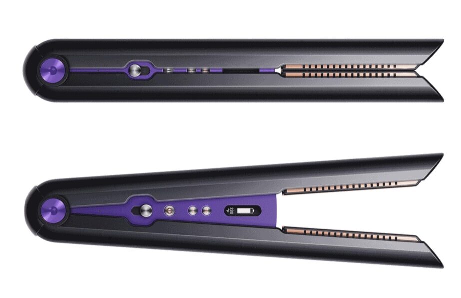The Dyson flat iron is compact and rounded. It includes easy-access titanium buttons on the side. A digital temperature gauge is located next to the buttons.  