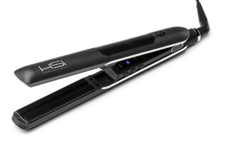 A black HSI Professional Glider hair styling iron. There is a digital screen on top, with 3 buttons located on the left side.
