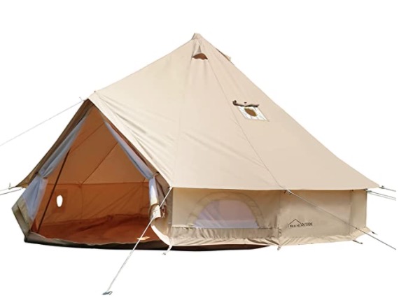 The DANCHEL OUTDOOR 4 Season Canvas Yurt Tent is pictured. This tent is khaki-colored and has a wide entrance leading to a spacious interior. 