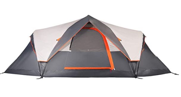 The Mobihome Dome Tent is pictured. This tent is shaped like a half circle, and is decorated with the colors grey, black, and orange. 