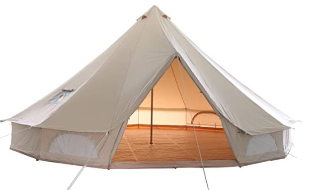 The GlamCamp Cotton Canvas Bell Tent is pictured. This tent is khaki colored, very tall, and decorated with half-circle windows. 