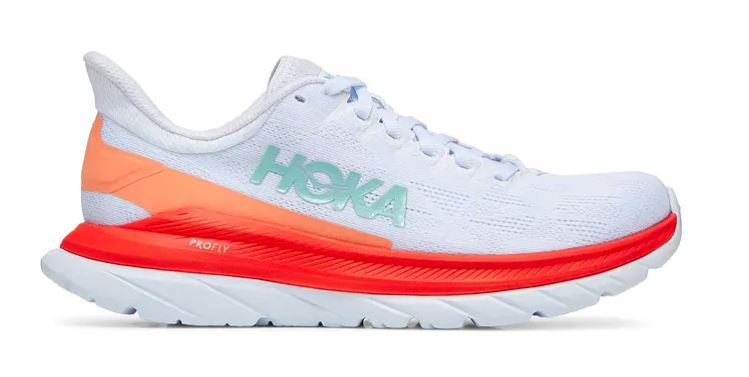 The Hoka One One Mach 4. The shoe is white with a orange and red heel and sole. 