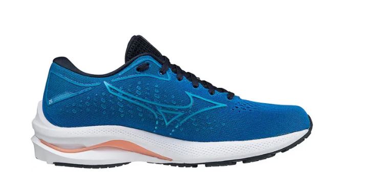 The Mizuno Wave Rider 25. The shoe is blue with a white sole and an orange streak through it. 