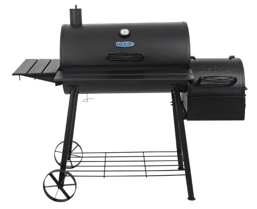 The King-Griller Smokin' Ace 30-in W Black Barrel Charcoal Grill is pictured.