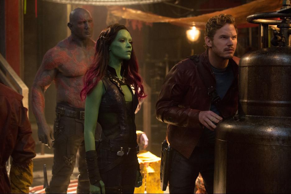Dave Bautista, Zoe Saldana and Chris Pratt in Guardians of the Galaxy (2014)