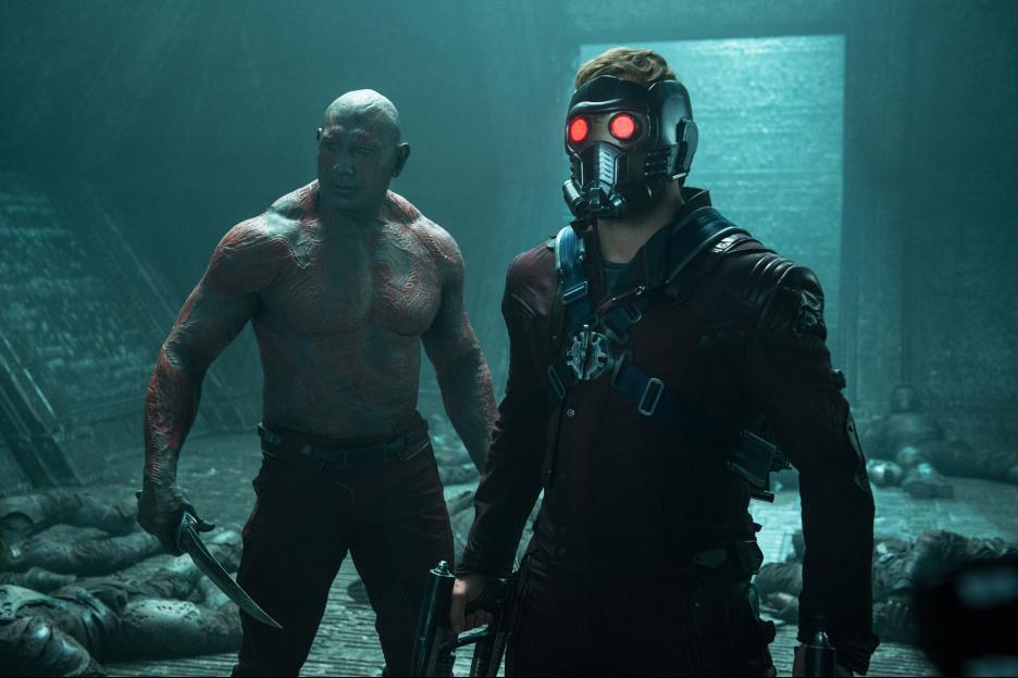 Chris Pratt and Dave Bautista in Guardians of the Galaxy (2014)