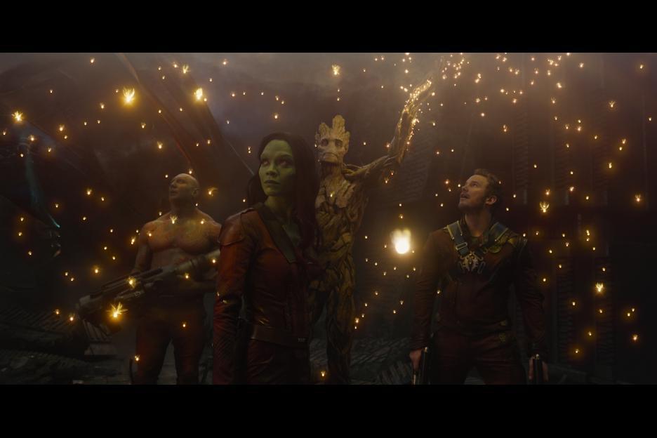 Vin Diesel, Chris Pratt, Zoe Saldana, and Dave Bautista in Guardians of the Galaxy (2014)
