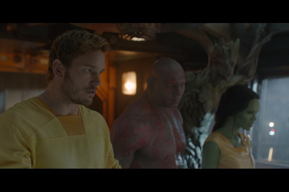 Chris Pratt, Zoe Saldana, and Dave Bautista in Guardians of the Galaxy (2014)