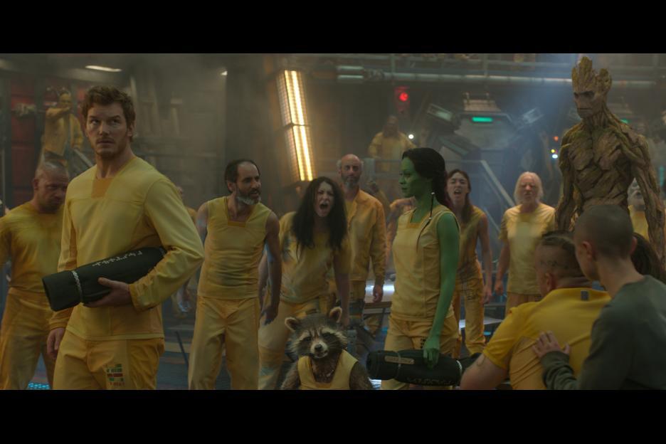Vin Diesel, Bradley Cooper, Chris Pratt, Zoe Saldana, and Richard Katz in Guardians of the Galaxy (2014)