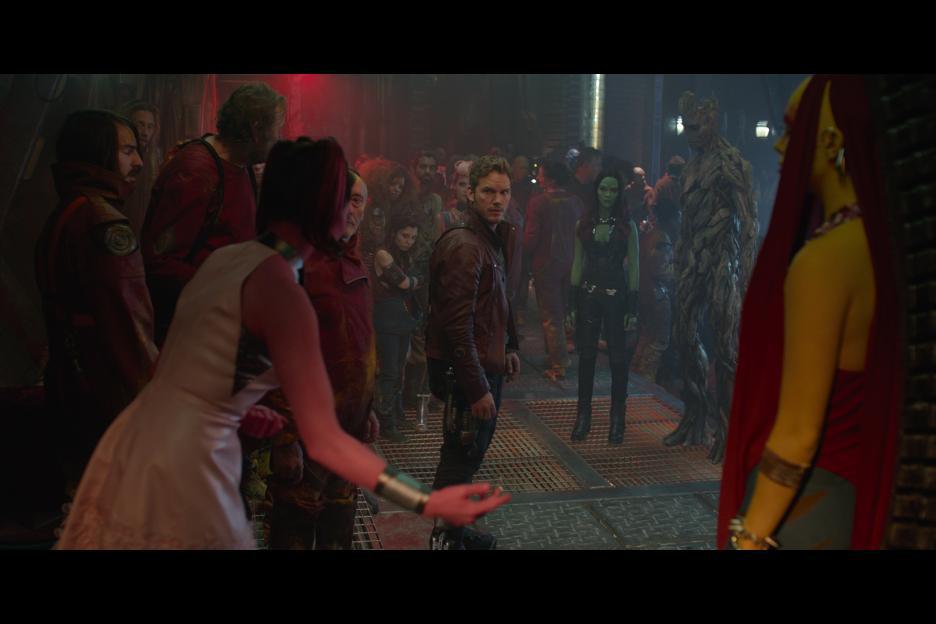 Vin Diesel, Chris Pratt, and Zoe Saldana in Guardians of the Galaxy (2014)