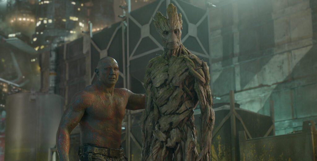 Vin Diesel and Dave Bautista in Guardians of the Galaxy (2014)