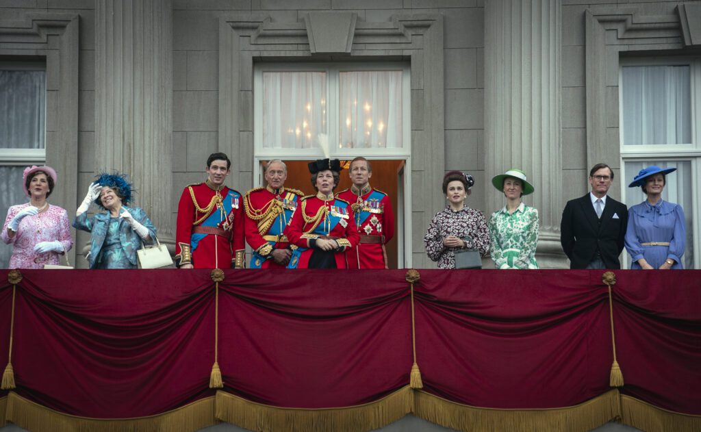 Duchess of Gloucester (PENNY DOWNIE), Queen Mother (MARION BAILEY), Prince Charles (JOSH O CONNOR), Mountbatten (CHARLES DANCE), Queen Elizabeth II (OLIVIA COLMAN), Prince Philip (TOBIAS MENZIES), Princess Margaret (HELENA BONHAM CARTER), Princess Anne (ERIN DOHERTY), Duchess of Gloucester (PENNY DOWNIE) and supporting artists