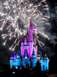 Cinderella castle is lit up with fireworks, creating a magical experience for adults at the best rides in Magic Kingdom.