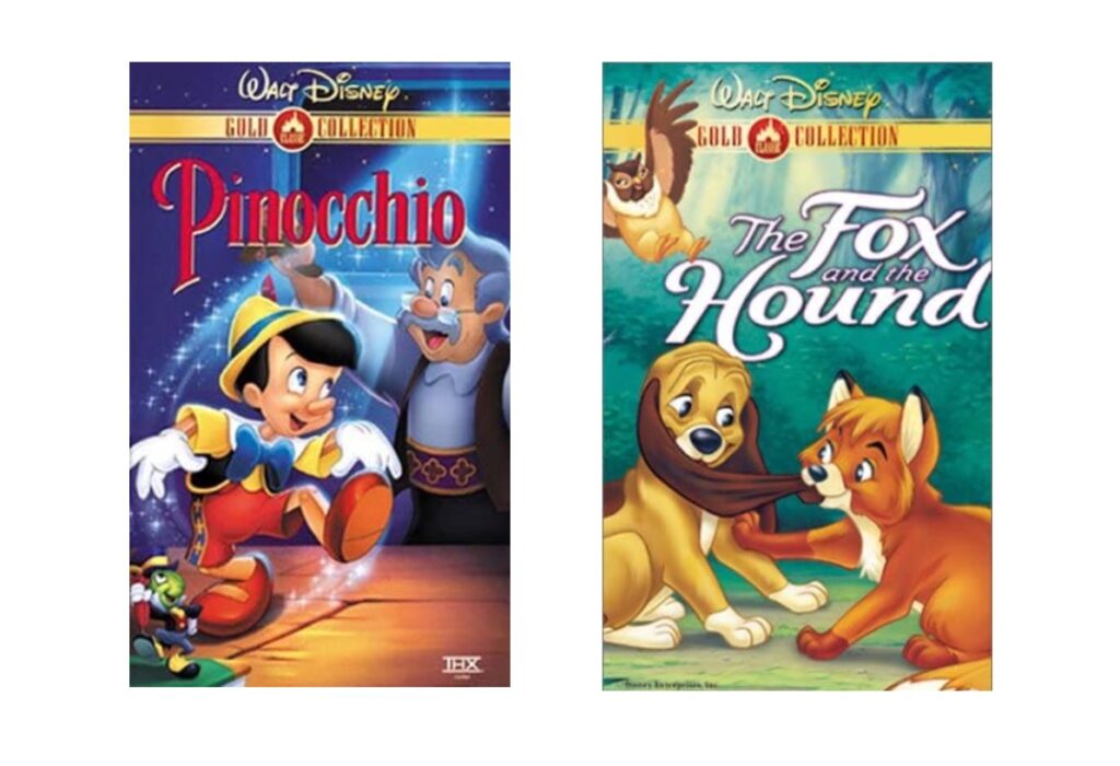 Picture of Pinocchio and The Fox and the Hound with the Gold Collection logos. 