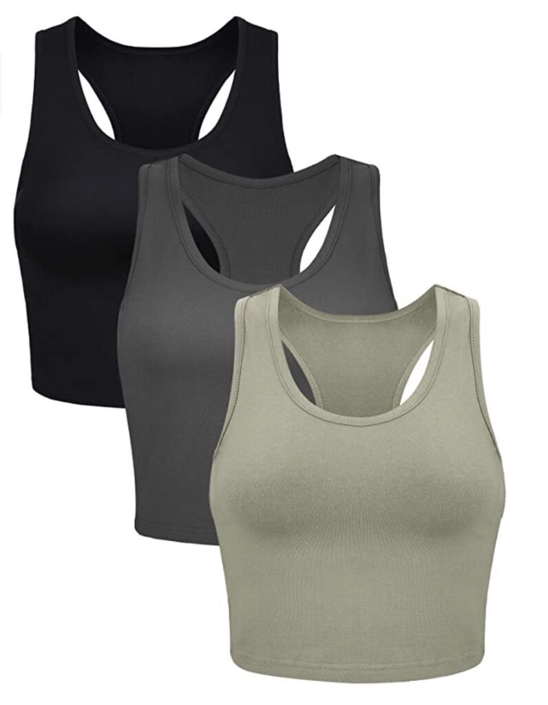 Pictured is three cropped women's tank tops.