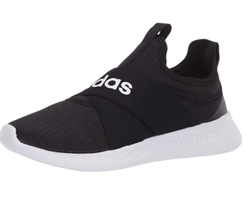 Pictured is black adidas running shoes. 