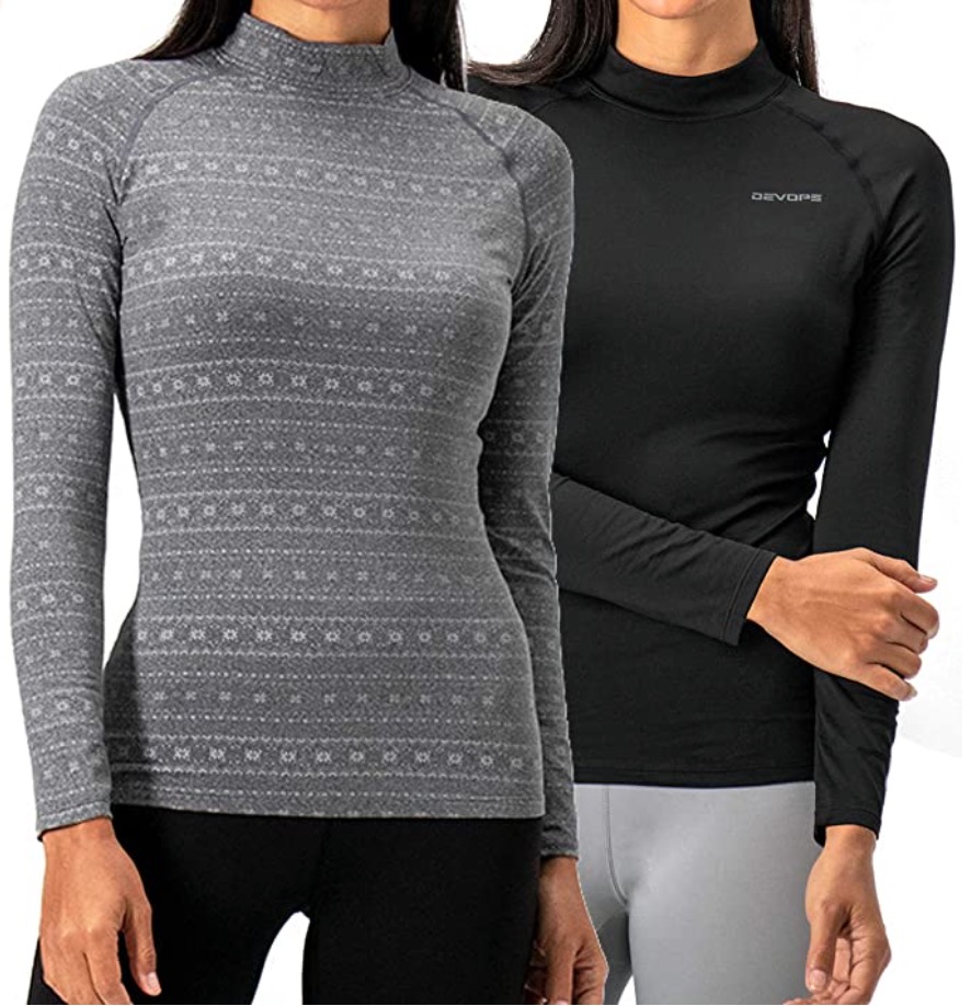 Pictured is two turtleneck thermal tops.