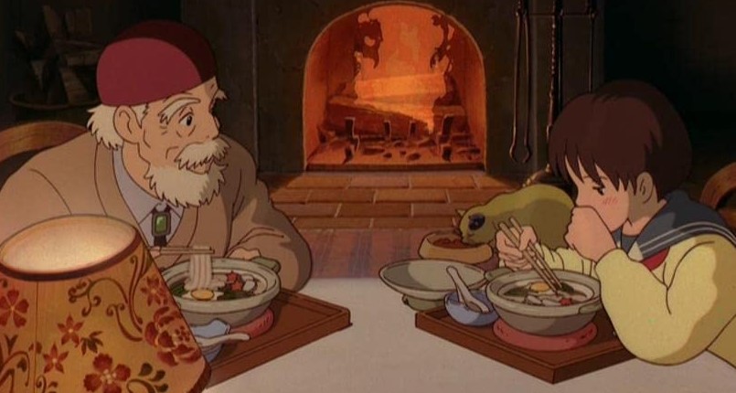 nishi and shizuku eating by fireplace