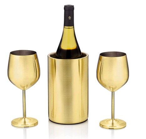 Gold Wine Chiller and Wine Glasses Set