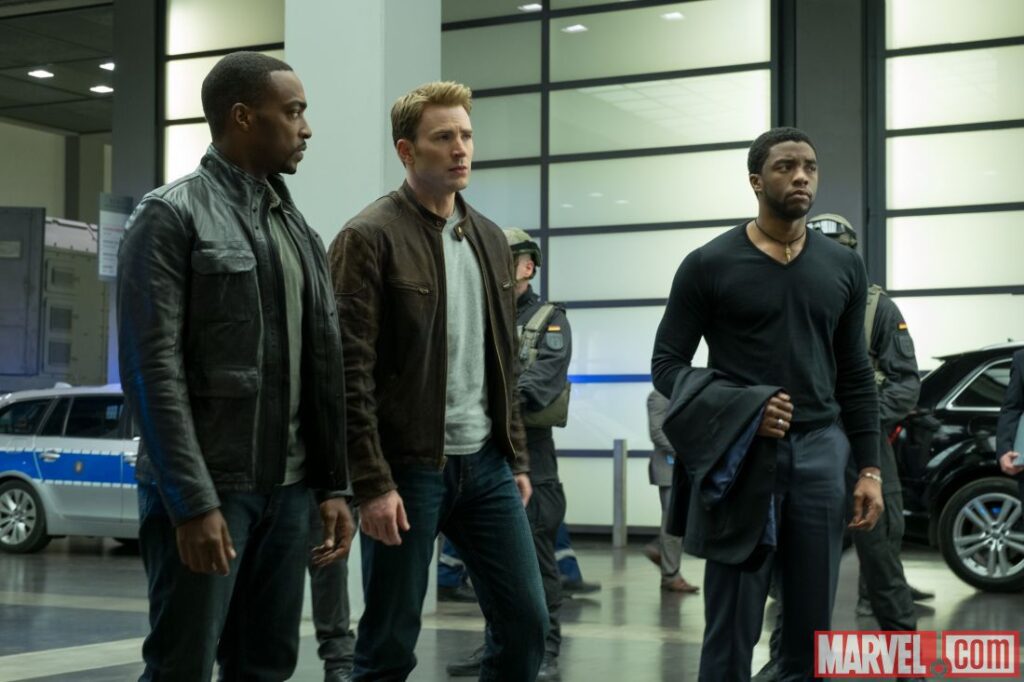 Chris Evans, Anthony Mackie, and Chadwick Boseman in Captain America: Civil War (2016) friendships in the mcu