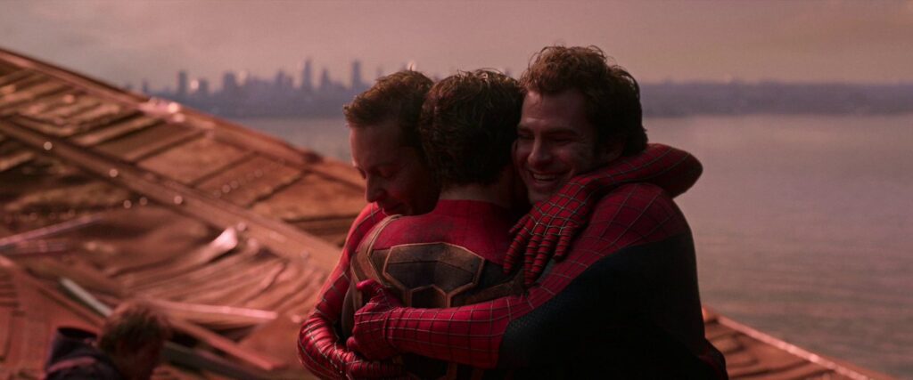 Tobey Maguire, Andrew Garfield, and Tom Holland in Spider-Man: No Way Home (2021)
