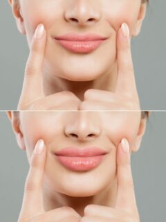 A woman's lips before and after a lip filler treatment that temporarily increases size.