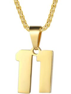 A gold plated necklace featuring the life path number 11.