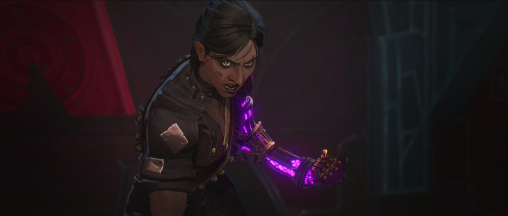 Sevika prepares to fight Vi with her shimmer metallic arm. Vi is determined to beat Sevika as she has Hextech arm weapons. 