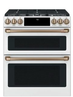 The best gas range double oven in a stunning white and gold color, featuring two burners for ultimate cooking flexibility.