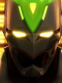 The face of a robot with green eyes, inspired by the anime Tiger and Bunny.